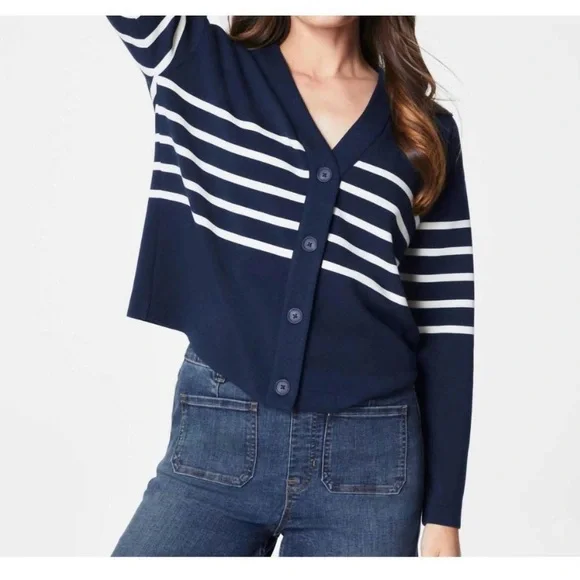 NEW W Tags SPANX air essentials cardigan in mid navy porcelain stripe Sz S - Picture 2 of 7